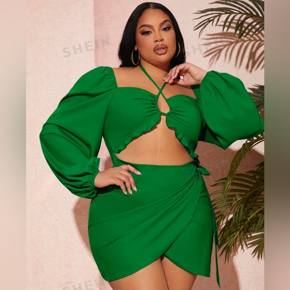 SHEIN SXY Plus Bishop Sleeve Cut Out Wrap Hem Dress
